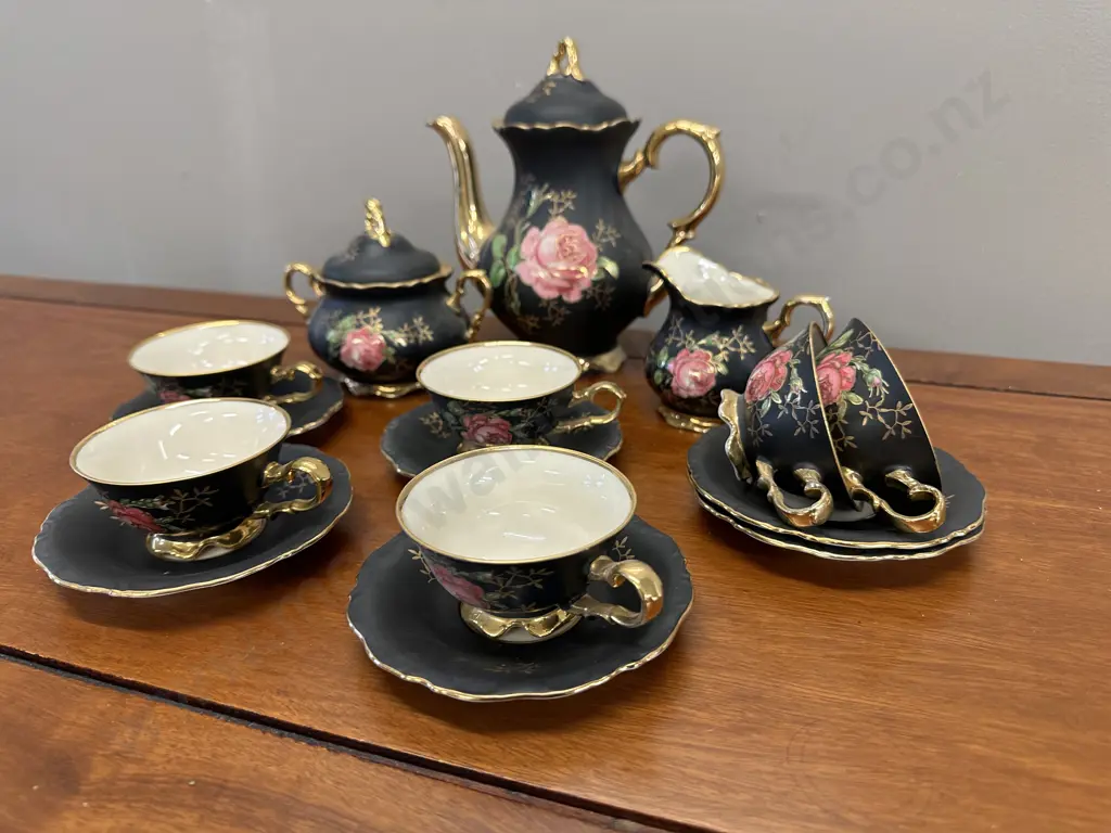 Vintage Bavaria Black & Gold Classic Rose Tea Set Image 1++